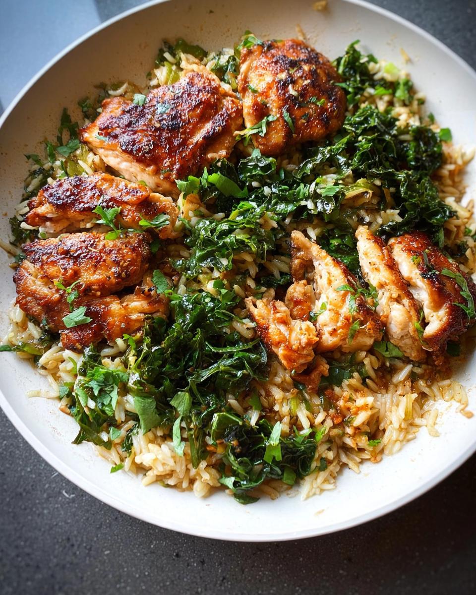 Close-up of a one-pan meal featuring golden-brown chicken thighs served over fluffy rice with wilted greens.