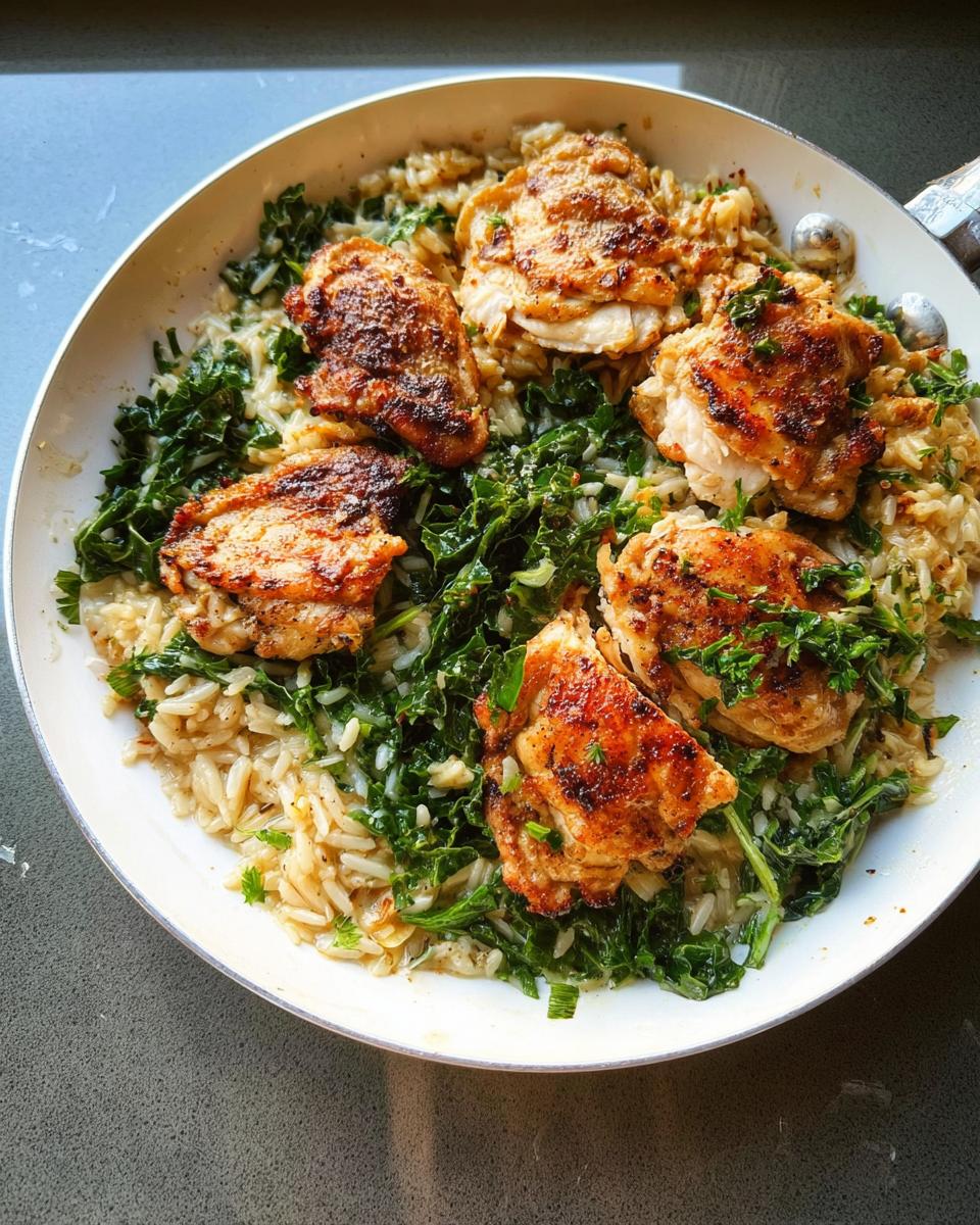A close-up overhead view of a one-pan meal featuring browned chicken thighs nestled in rice and wilted greens.