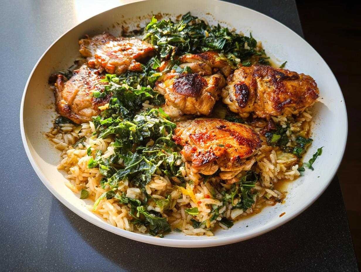 A close-up of a one-pan chicken thigh recipe featuring golden-brown chicken thighs served over seasoned rice with wilted greens.