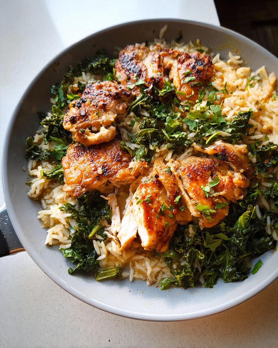 A close-up of a bowl filled with fluffy rice, wilted kale, and perfectly cooked one-pan chicken thighs, garnished with fresh parsley.