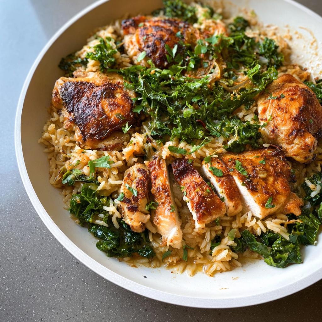 A close-up of a one-pan chicken thigh recipe with seasoned rice and wilted kale, garnished with parsley.