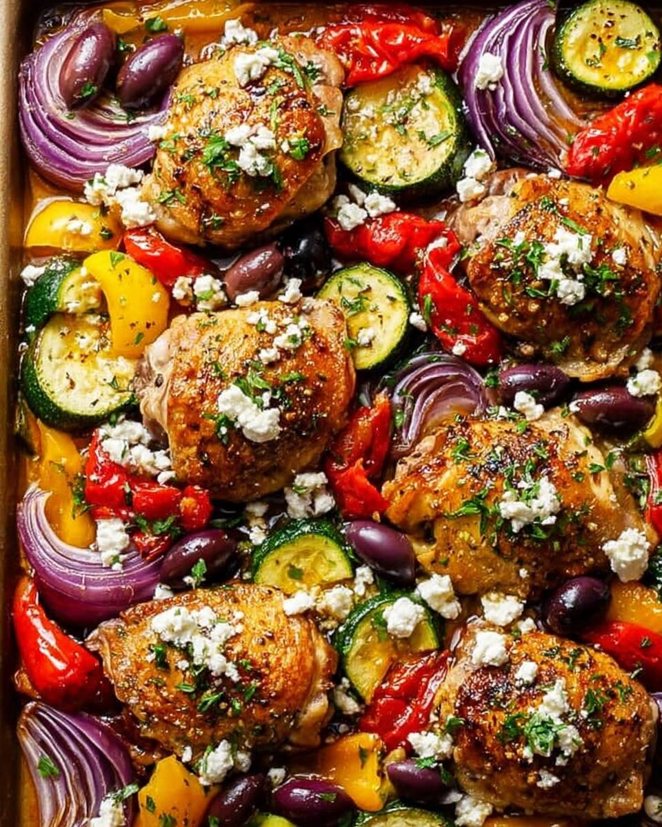 A close-up overhead view of a delicious one-pan chicken dish with roasted vegetables, olives, and crumbled feta cheese.