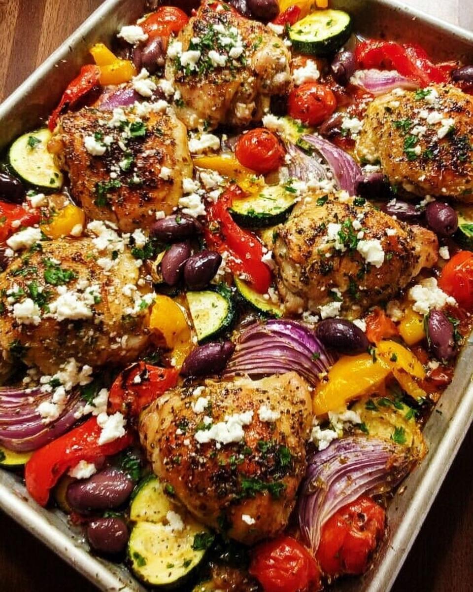 A close-up overhead view of a one-pan chicken dish with roasted vegetables, olives, and crumbled feta cheese.