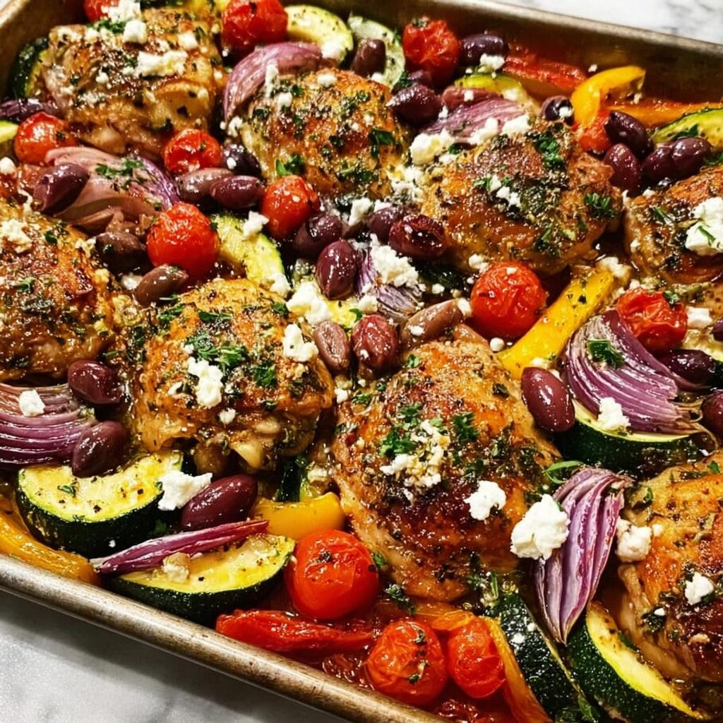 A close-up of a sheet pan filled with golden-brown One-Pan Chicken pieces, zucchini, cherry tomatoes, red onions, olives, and feta cheese.