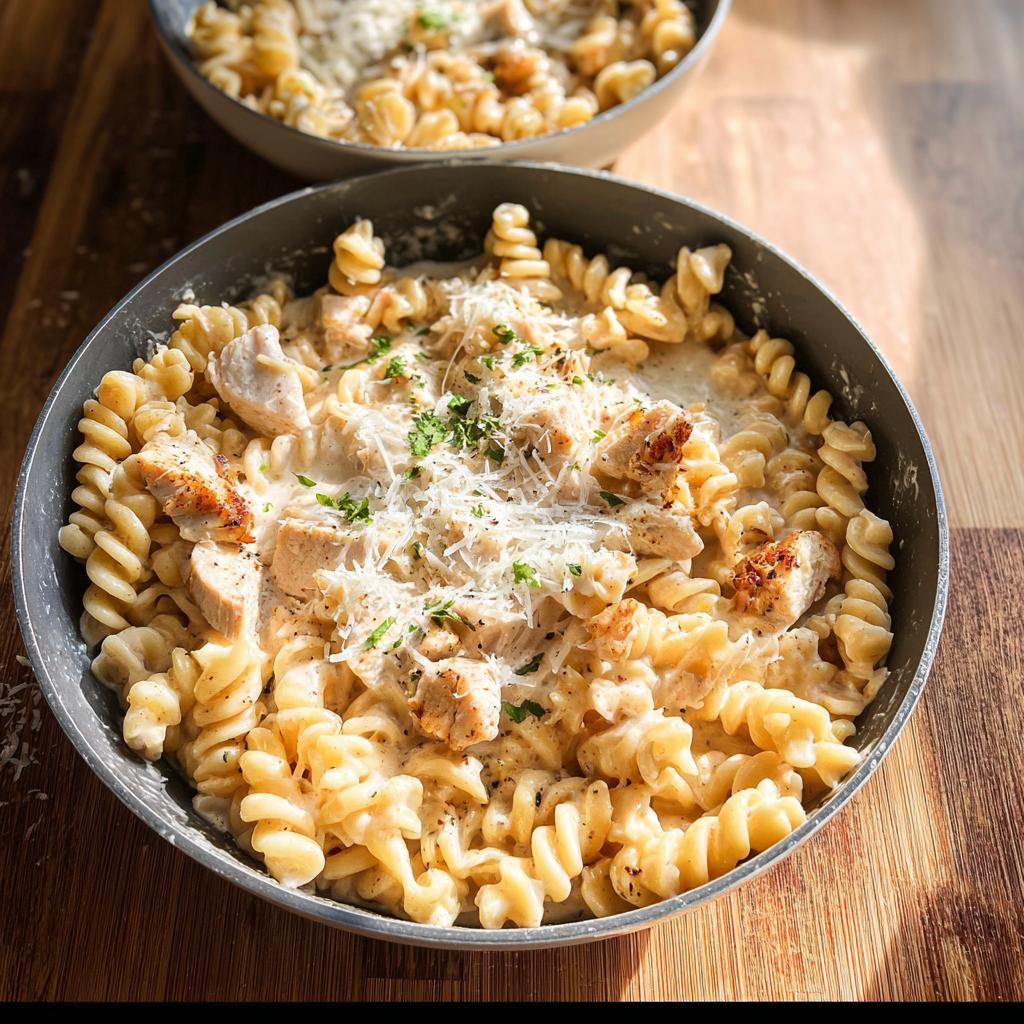 Close-up of One Pan Creamy Garlic Parmesan Chicken Pasta with rotini, chicken pieces, and grated cheese.