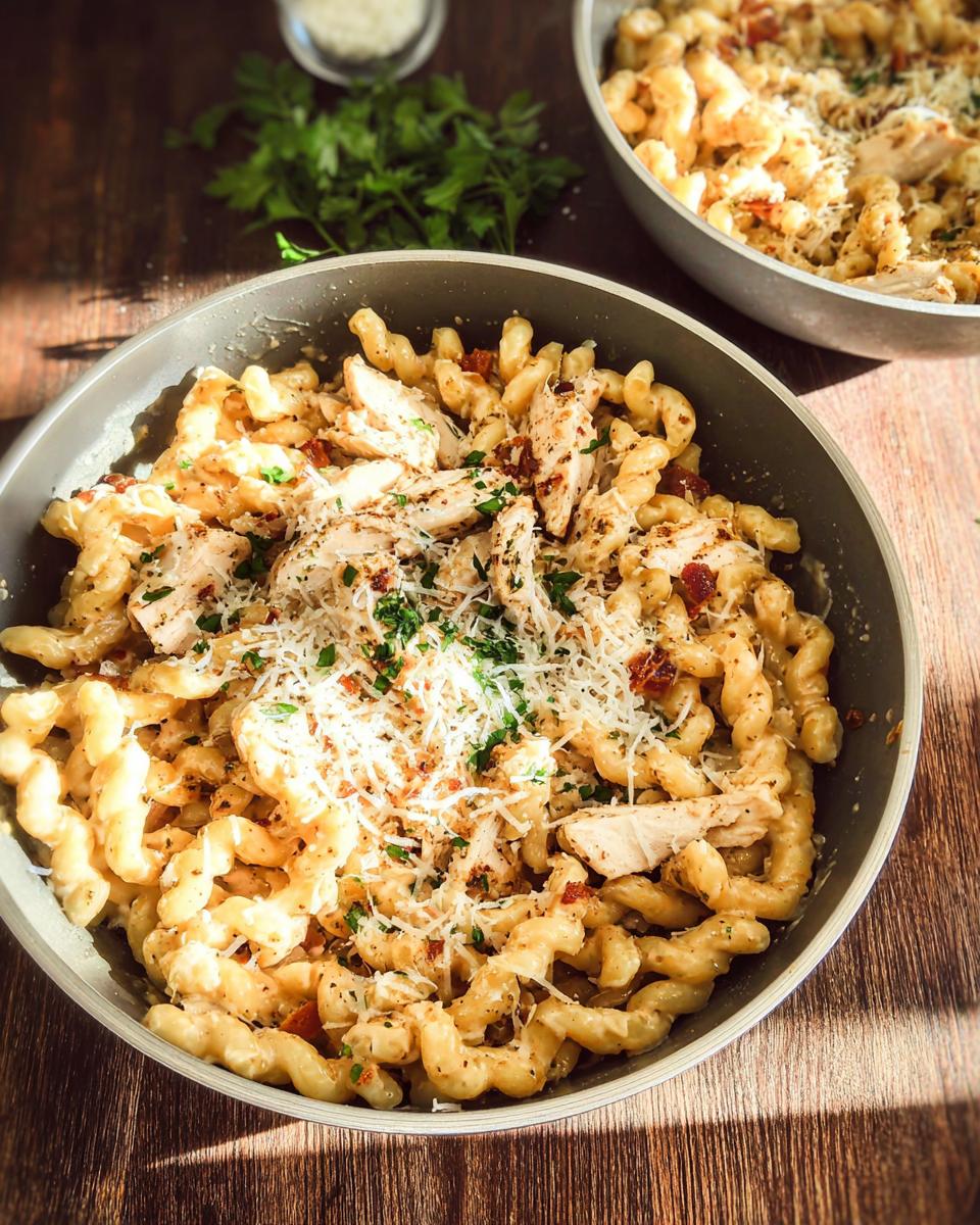 Close-up of One Pan Creamy Garlic Parmesan Chicken Pasta topped with shredded cheese and parsley.