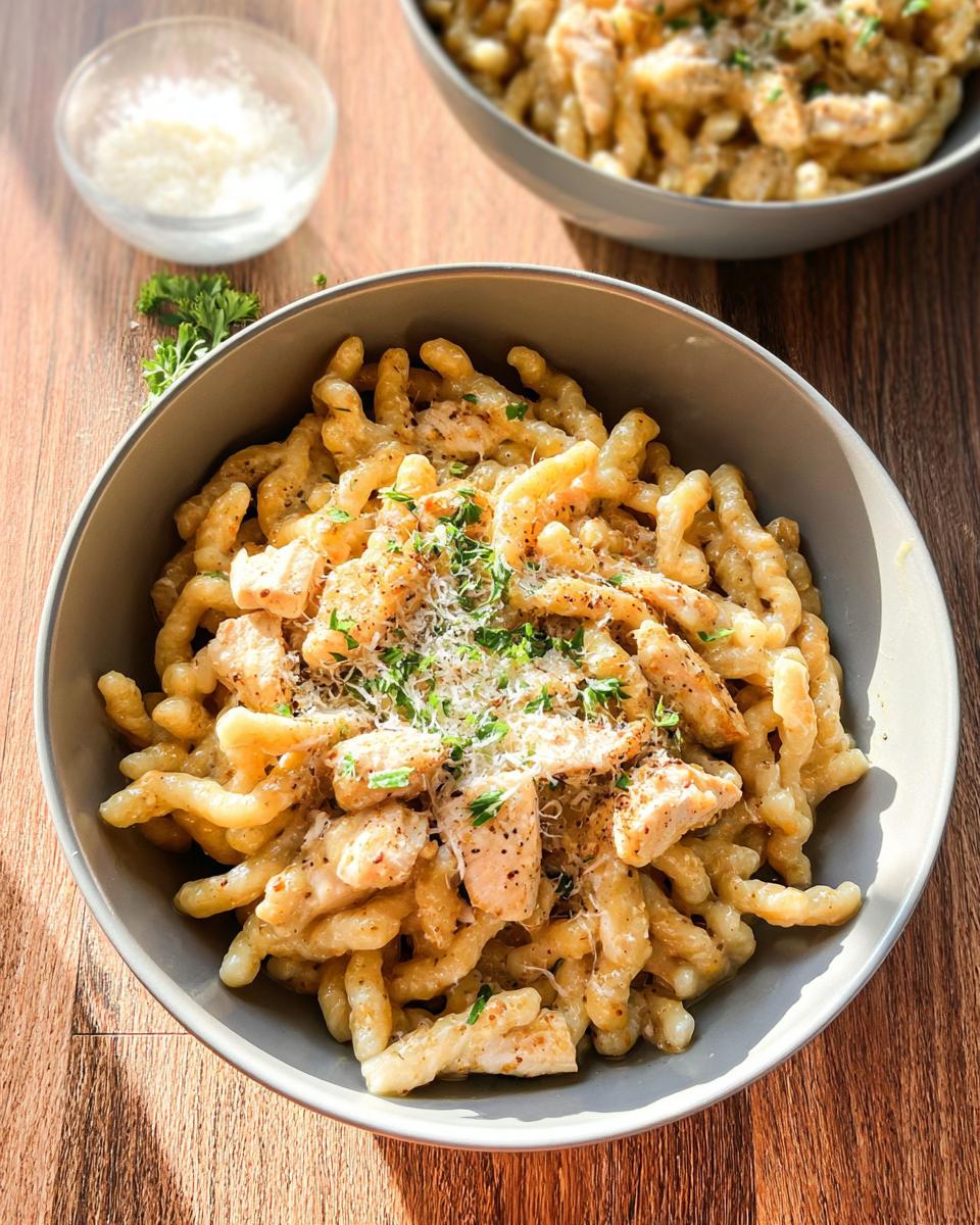 A close-up of a bowl filled with One Pan Creamy Garlic Parmesan Chicken Pasta, topped with grated cheese and parsley.