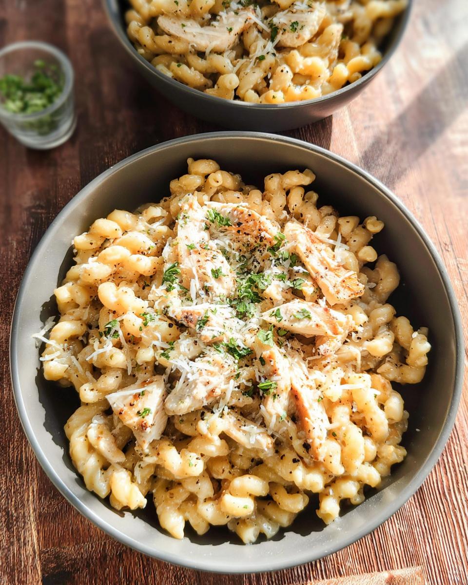 Close-up of a bowl of One Pan Creamy Garlic Parmesan Chicken Pasta topped with sliced chicken and grated cheese.