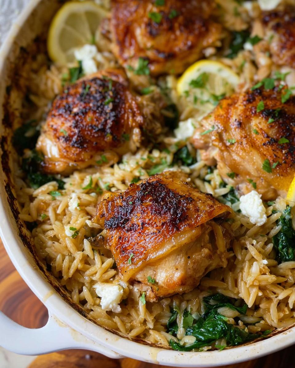 Close-up of a one-pan easy dinner recipe featuring golden-brown chicken thighs nestled in orzo pasta with spinach, feta, and lemon slices.