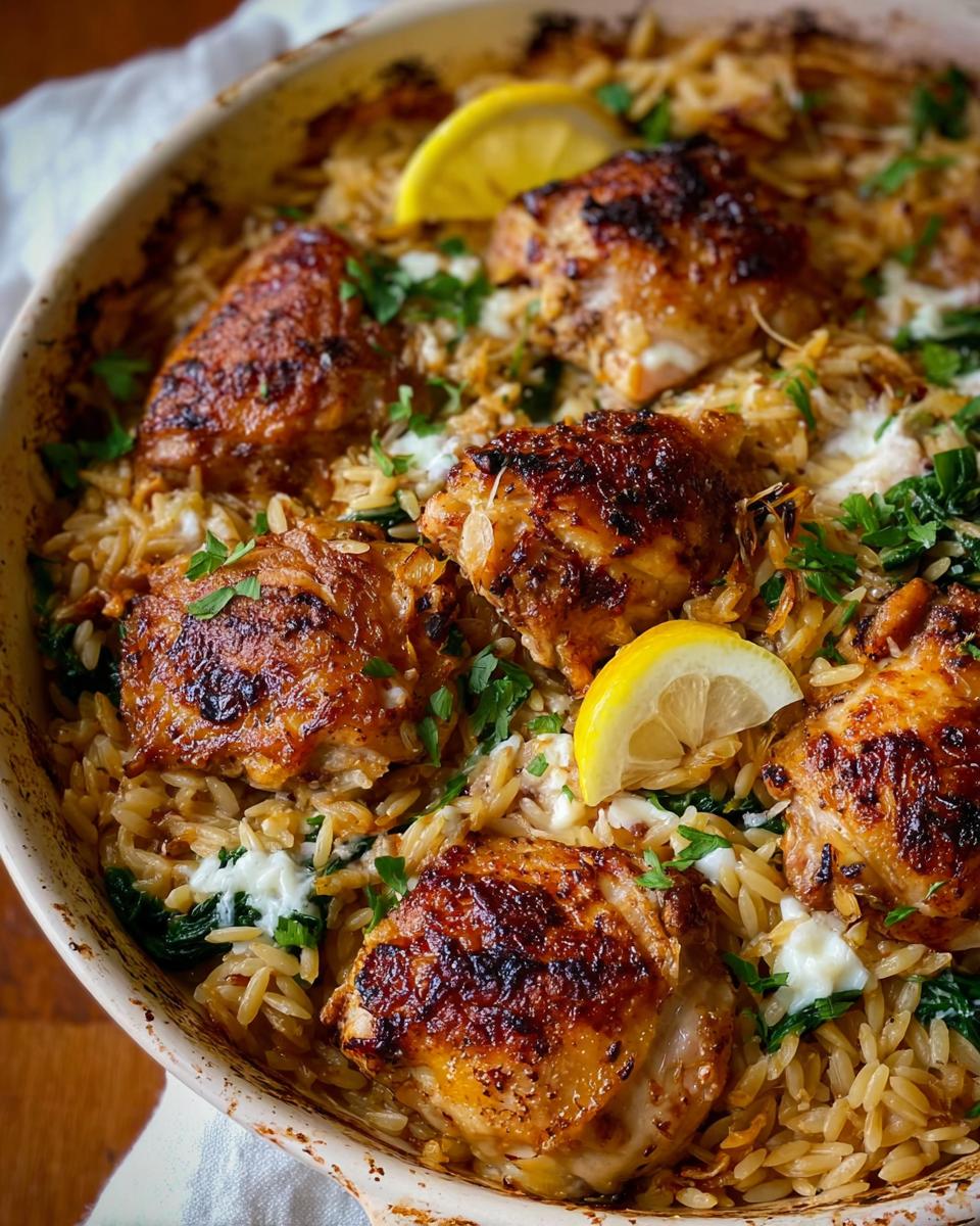 Close-up of a one-pan easy dinner recipe with golden-brown chicken thighs nestled in orzo pasta, spinach, and dollops of cheese, garnished with lemon slices and parsley.