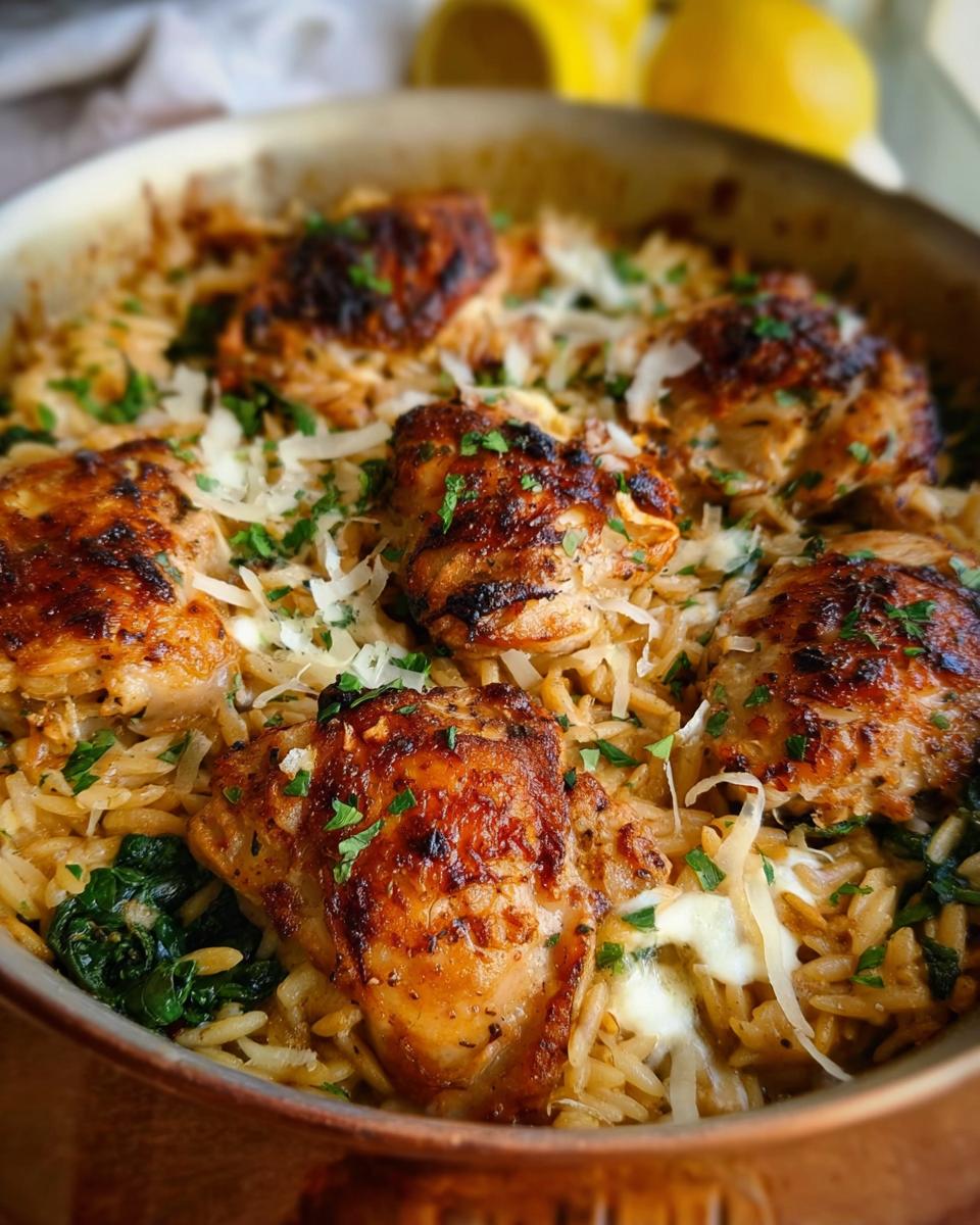 Close-up of a one-pan easy dinner recipe featuring golden-brown chicken thighs over orzo pasta with spinach and cheese.