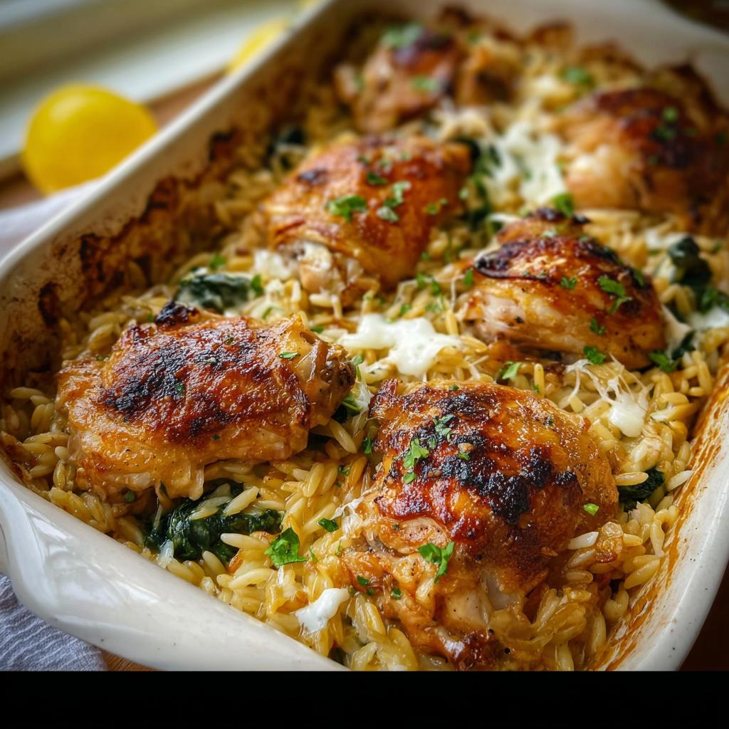 Close-up of a one-pan easy dinner recipe with golden brown chicken thighs baked over orzo pasta and spinach.