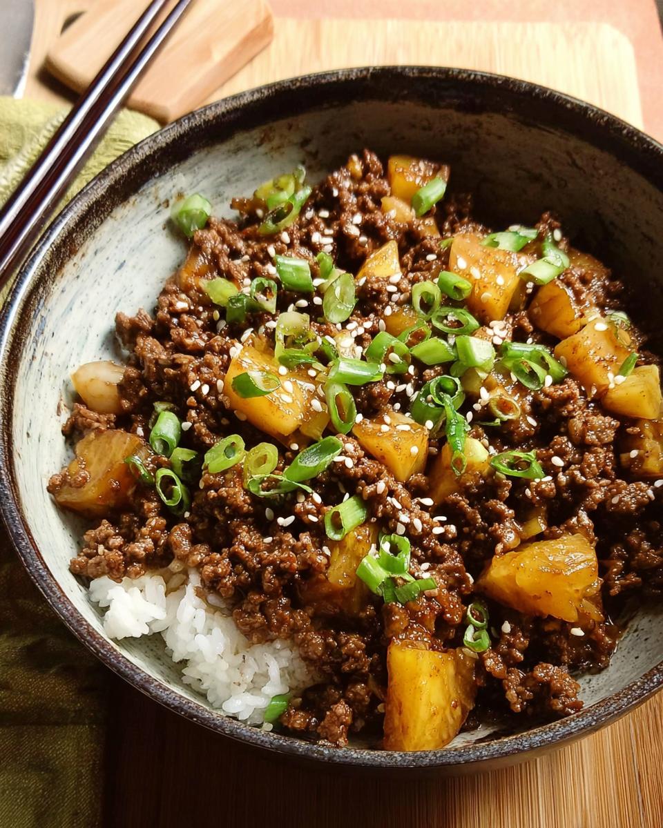 A close-up of a bowl filled with white rice, topped with savory ground beef and chunks of pineapple, garnished with green onions and sesame seeds.