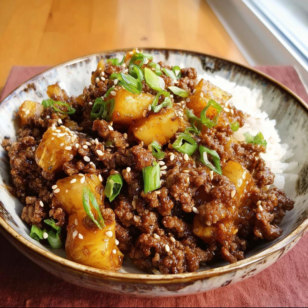 A close-up of a bowl filled with white rice, topped with savory ground beef and potato chunks, garnished with green onions and sesame seeds.
