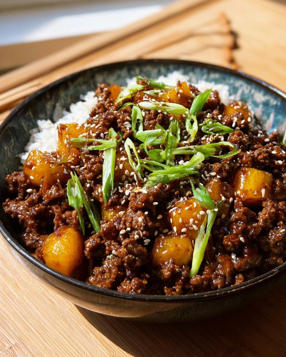 Close-up of a bowl of white rice topped with savory one-pan ground beef, chunks of pineapple, and garnished with green onions and sesame seeds.