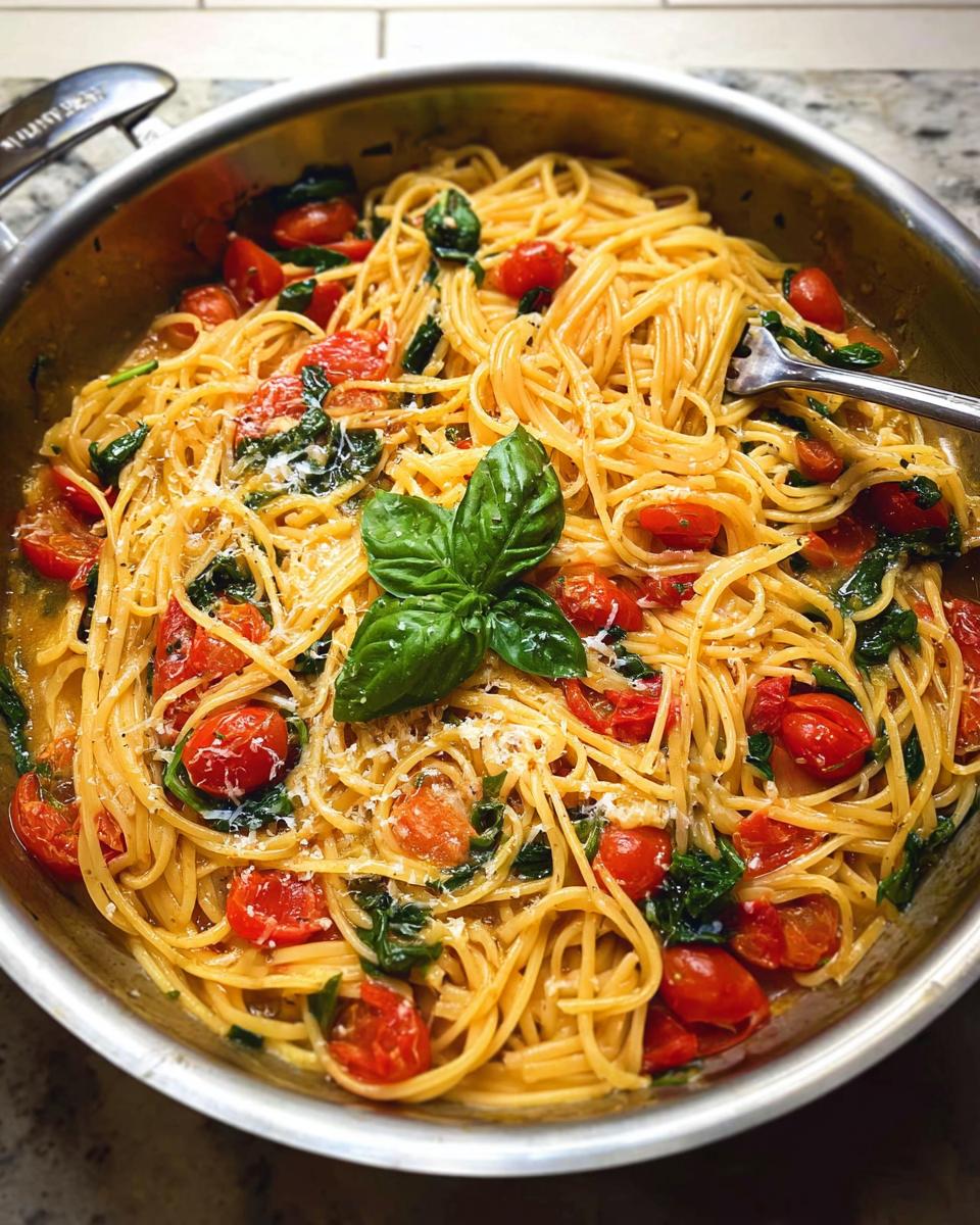 A close-up of a one-pan pasta recipe with spaghetti, cherry tomatoes, spinach, and basil in a skillet.