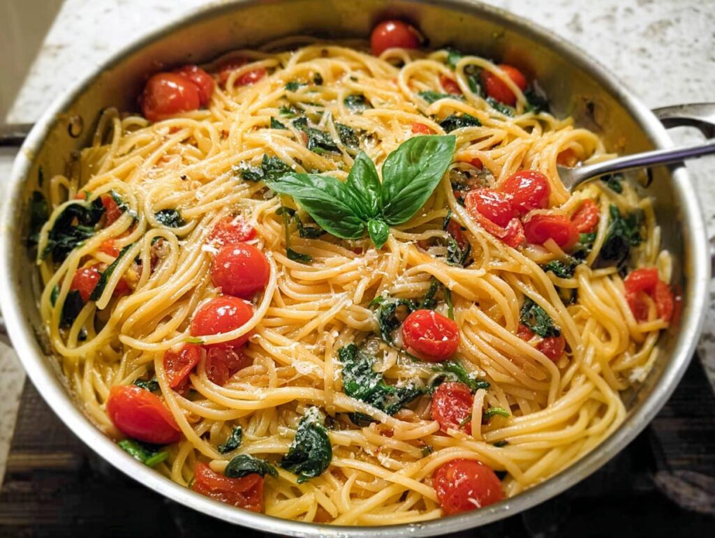 A close-up of a one-pan pasta recipe with spaghetti, cherry tomatoes, spinach, and basil.