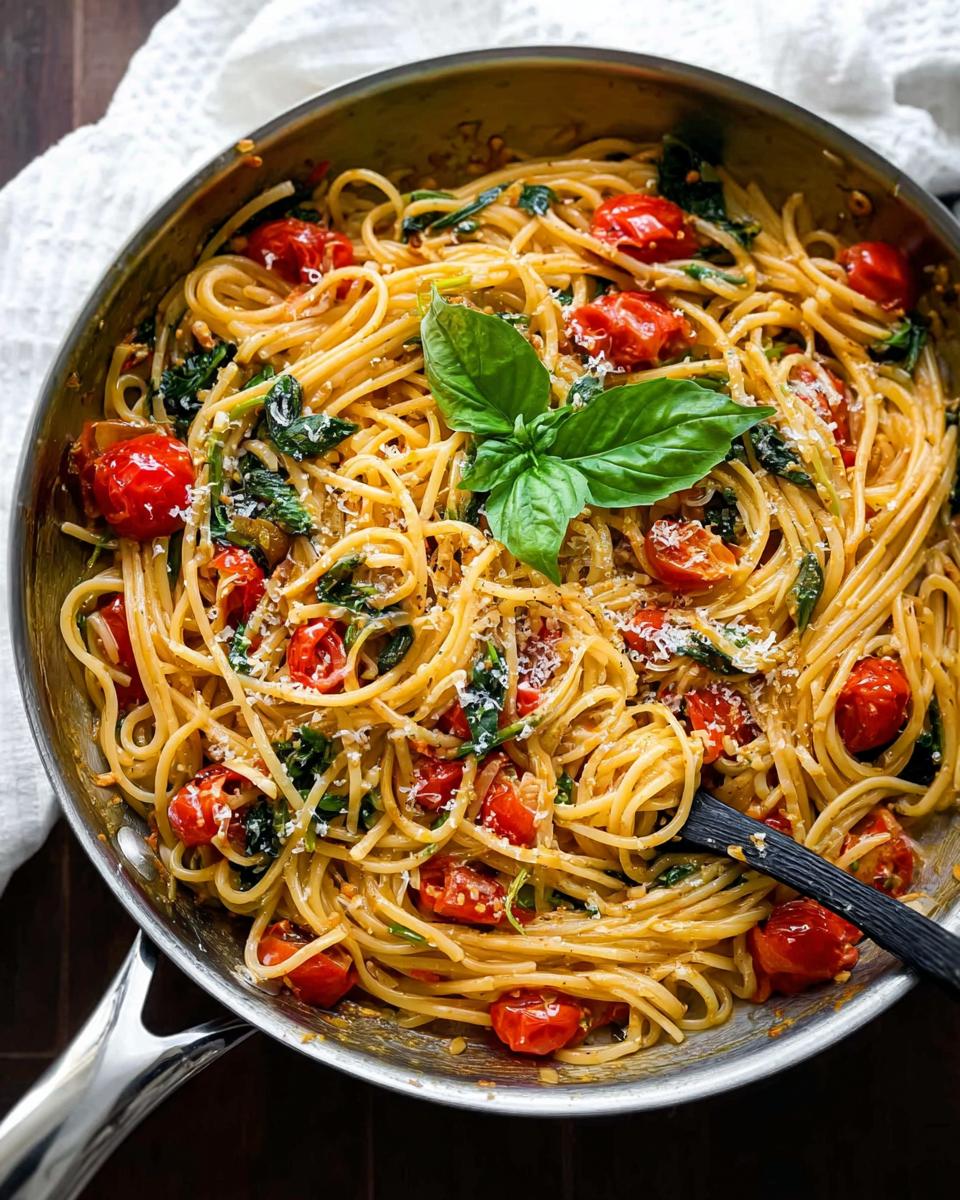 A close-up overhead view of a one-pan pasta recipe with spaghetti, cherry tomatoes, spinach, and basil.