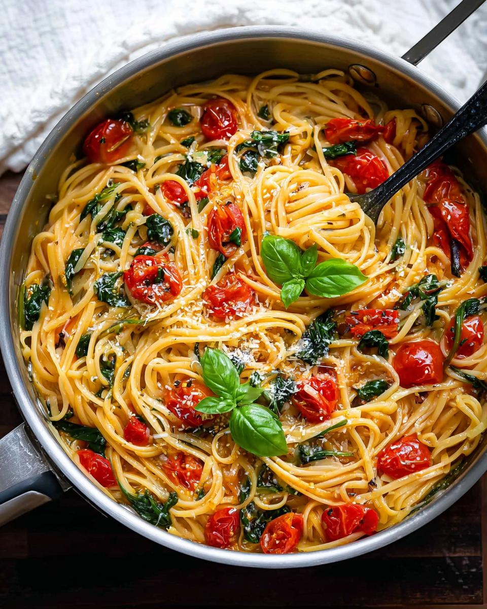 Close-up of a one-pan pasta recipe with linguine, cherry tomatoes, spinach, and basil.