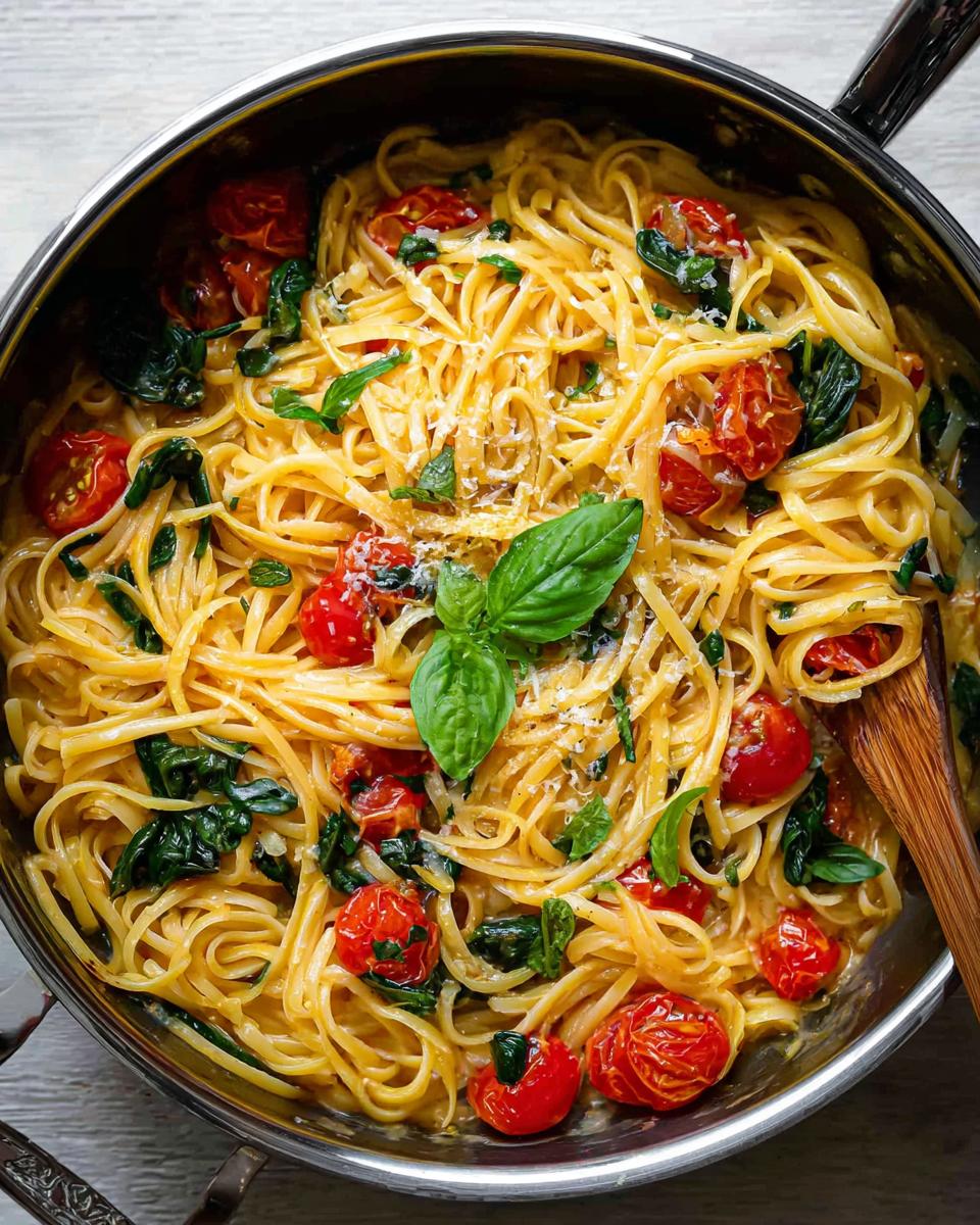 A close-up of a one-pan pasta recipe with linguine, cherry tomatoes, spinach, and basil.