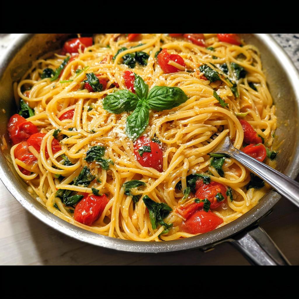 A close-up of a one-pan pasta recipe with spaghetti, cherry tomatoes, spinach, and basil.