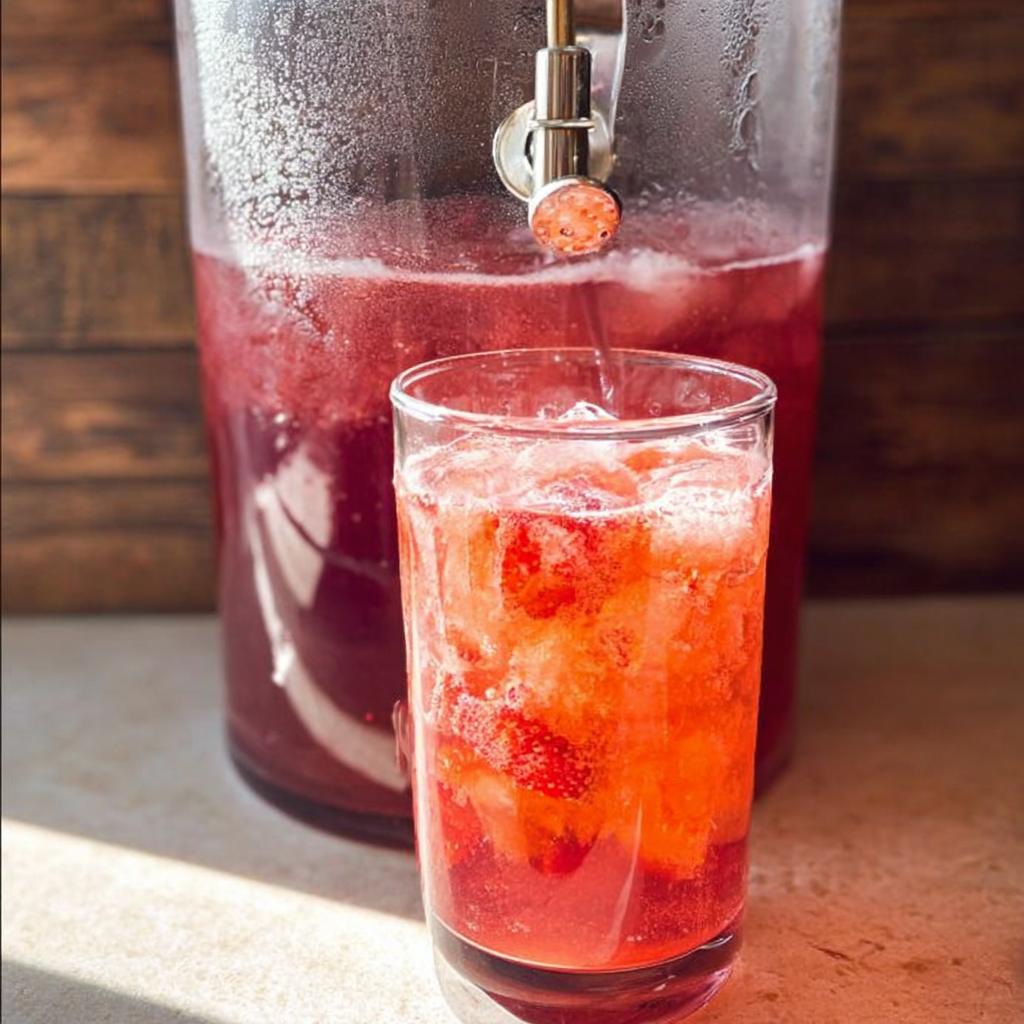 A refreshing glass of One-Pan Starbucks Strawberry Drink with ice and fresh strawberries, next to a large dispenser.