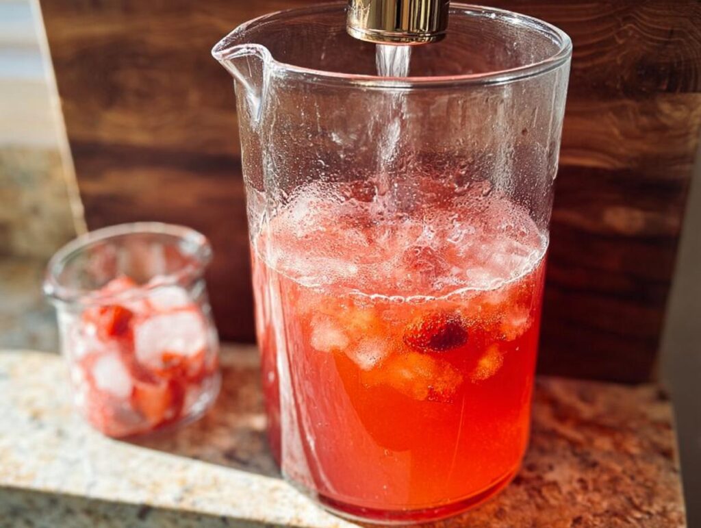 A pitcher filled with a vibrant red strawberry drink, ice, and fruit pieces, part of a one-pan Starbucks drink recipe.