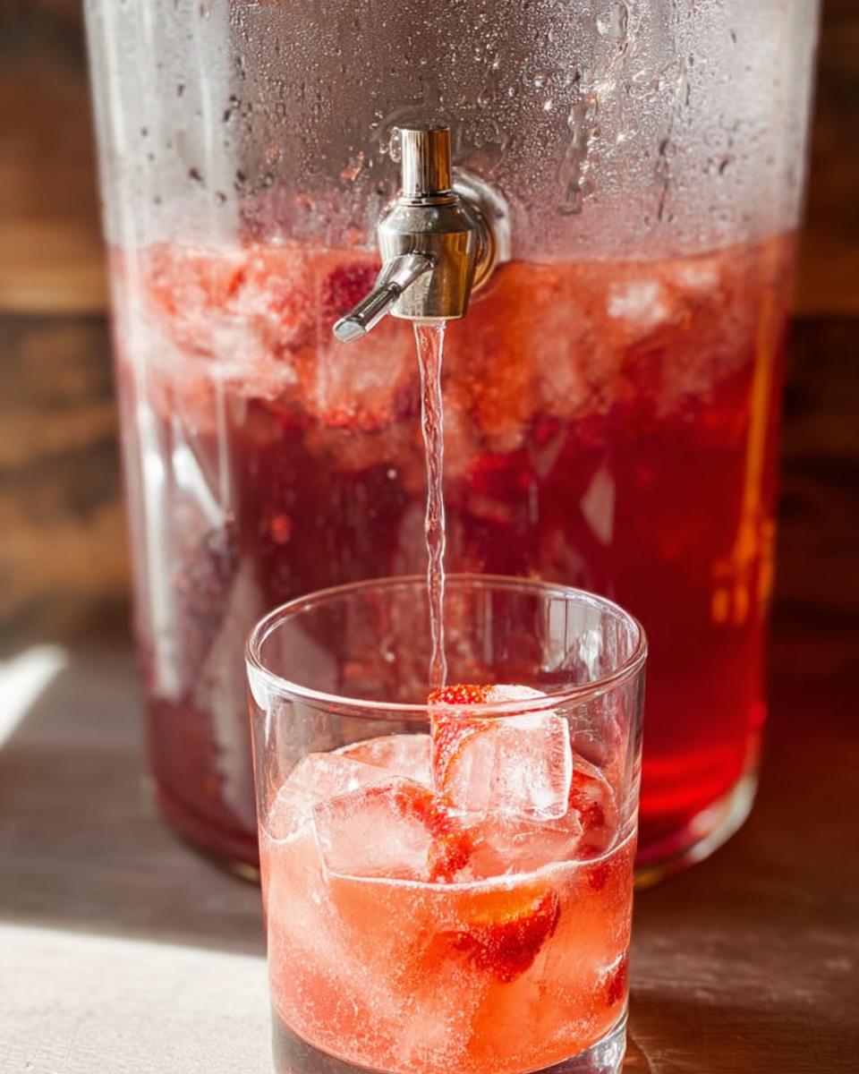 Pouring a refreshing one-pan Starbucks strawberry drink over ice in a glass from a dispenser.