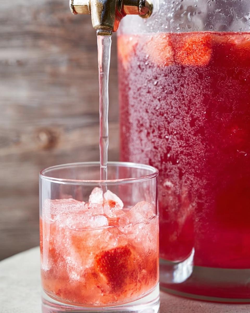 Pouring water into a glass filled with ice and strawberry pieces for a One-Pan Starbucks Drink.