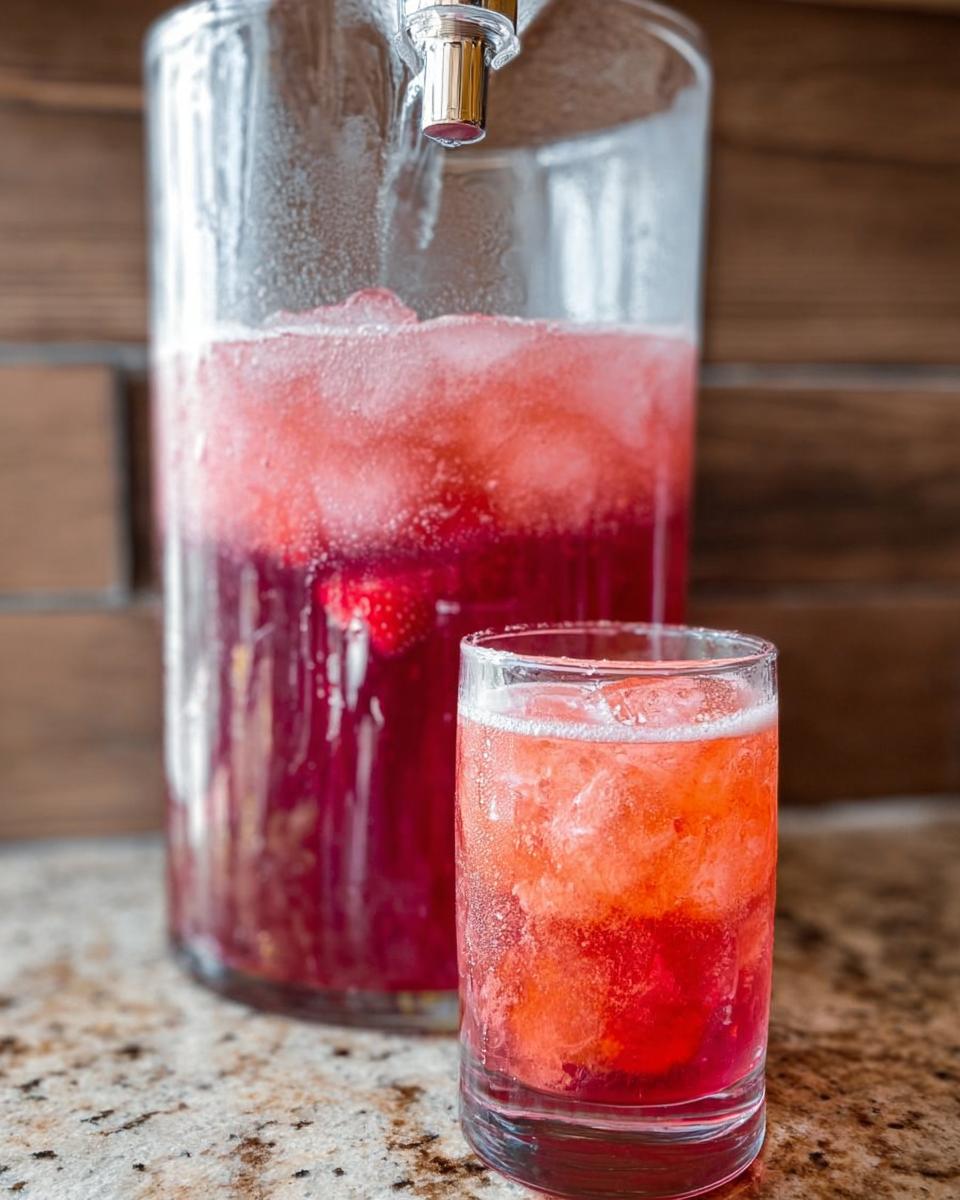 A glass filled with a refreshing strawberry Starbucks drink and ice, with a large dispenser of the same drink in the background.
