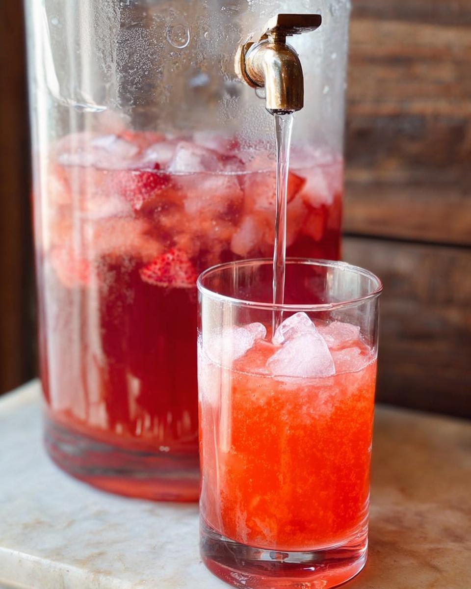 A glass being filled with a vibrant red strawberry drink from a dispenser, part of One-Pan Starbucks Drinks.