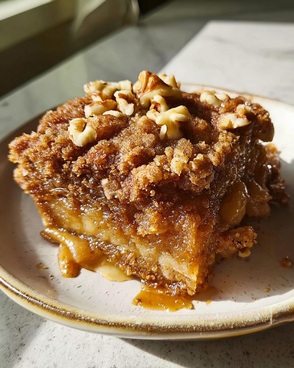 Close-up of a slice of a one-pan Thanksgiving dessert, featuring apples, a crumb topping, and walnuts, with caramel oozing out.