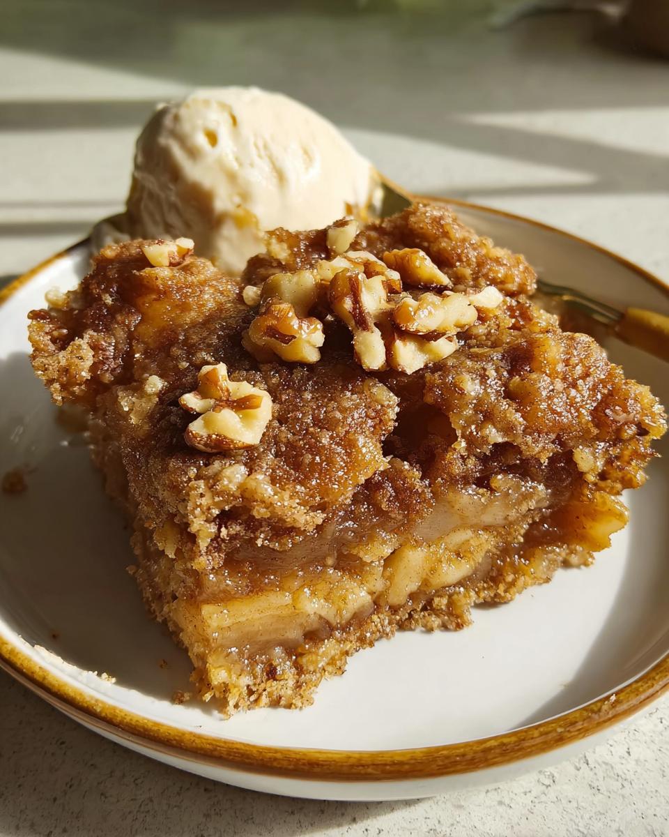 A slice of apple crumble dessert with walnuts and a scoop of vanilla ice cream, perfect for One-Pan Thanksgiving Desserts.