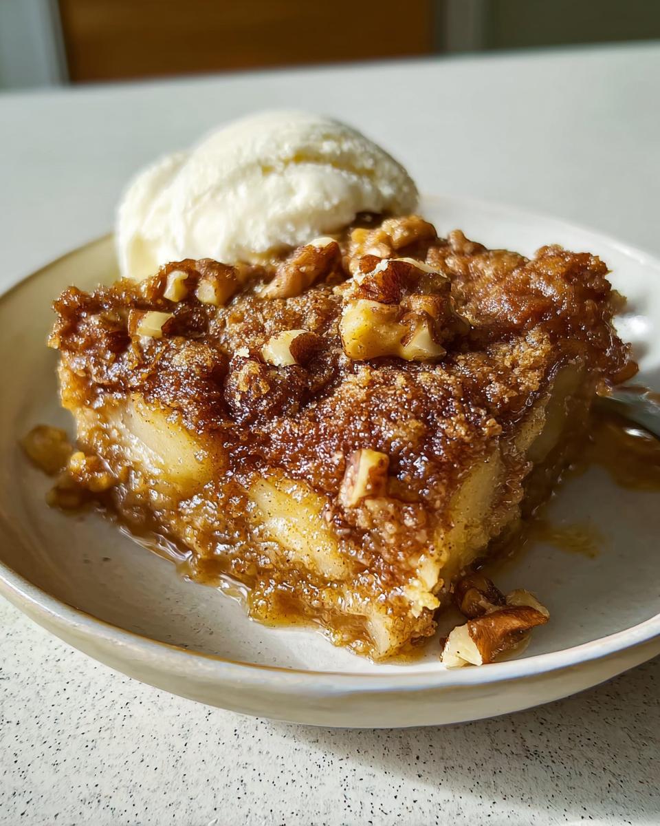 A slice of warm, gooey one-pan Thanksgiving dessert topped with walnuts and served with a scoop of vanilla ice cream.
