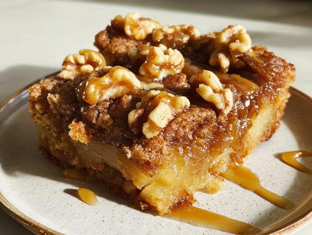A slice of one-pan Thanksgiving dessert featuring apples, walnuts, and a rich caramel drizzle.