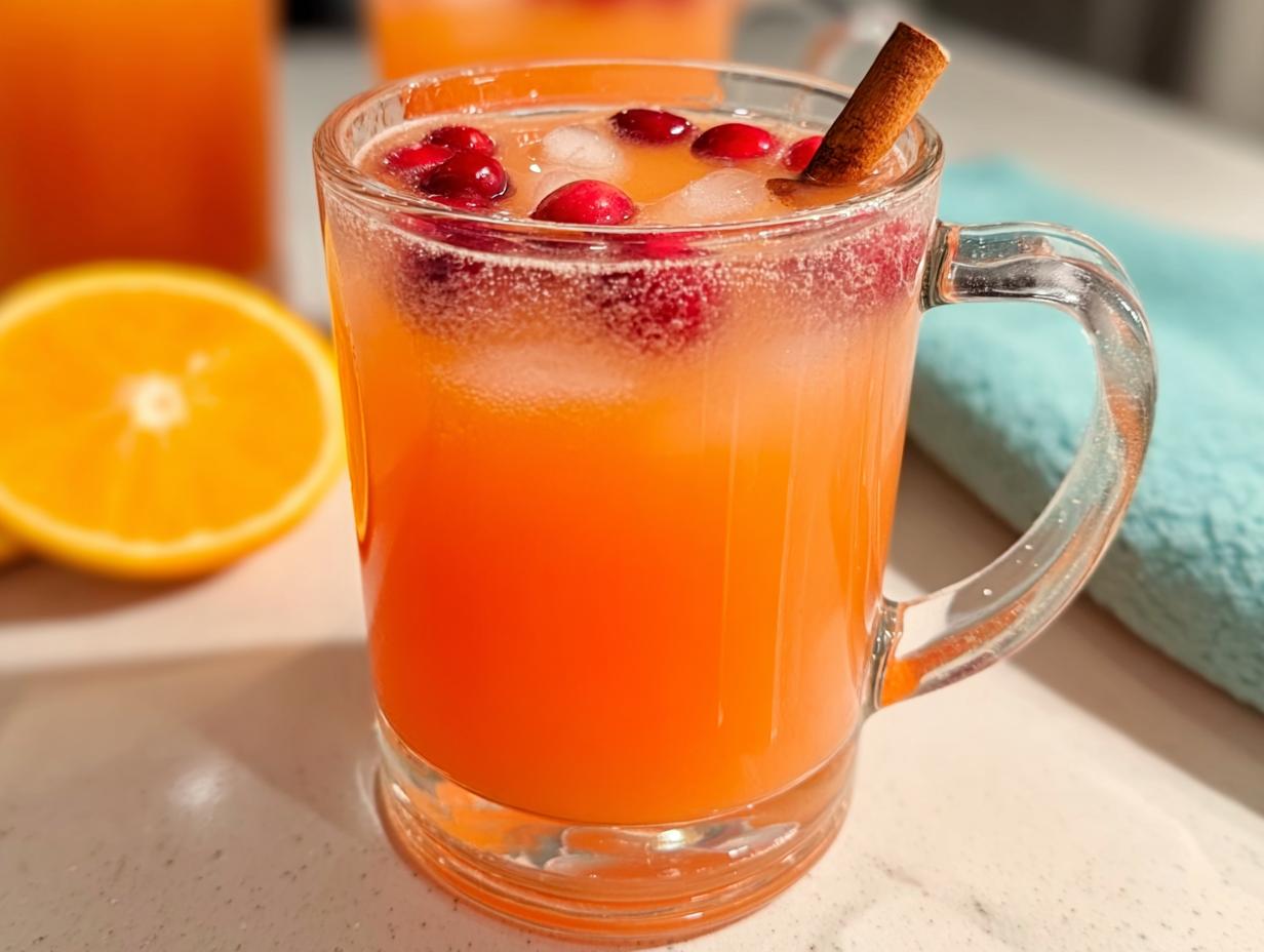 A refreshing one-pan Thanksgiving drink in a glass mug, garnished with cranberries, ice, and a cinnamon stick, with an orange slice nearby.