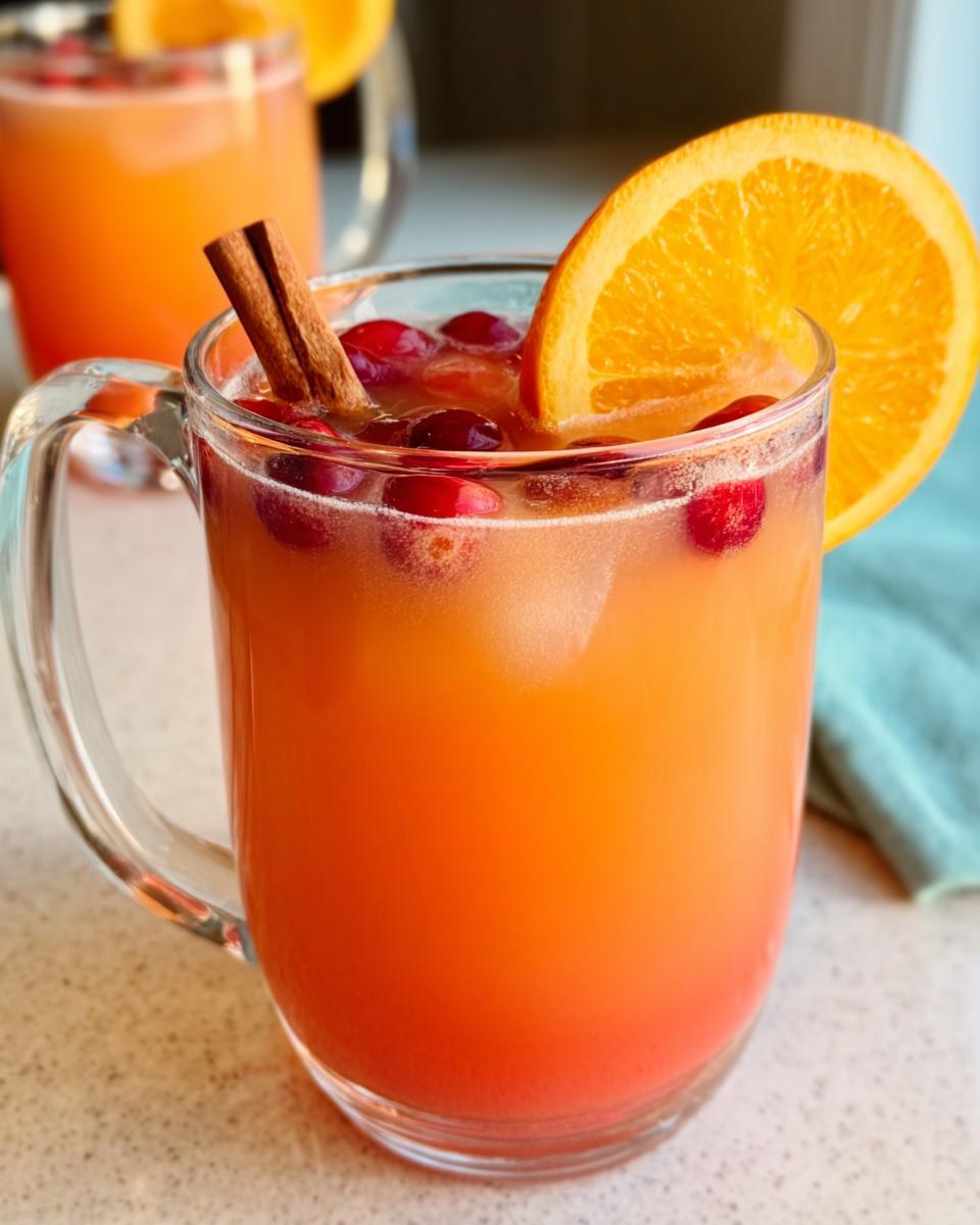 A close-up of a festive one-pan Thanksgiving drink in a glass mug, garnished with an orange slice, cranberries, and a cinnamon stick.