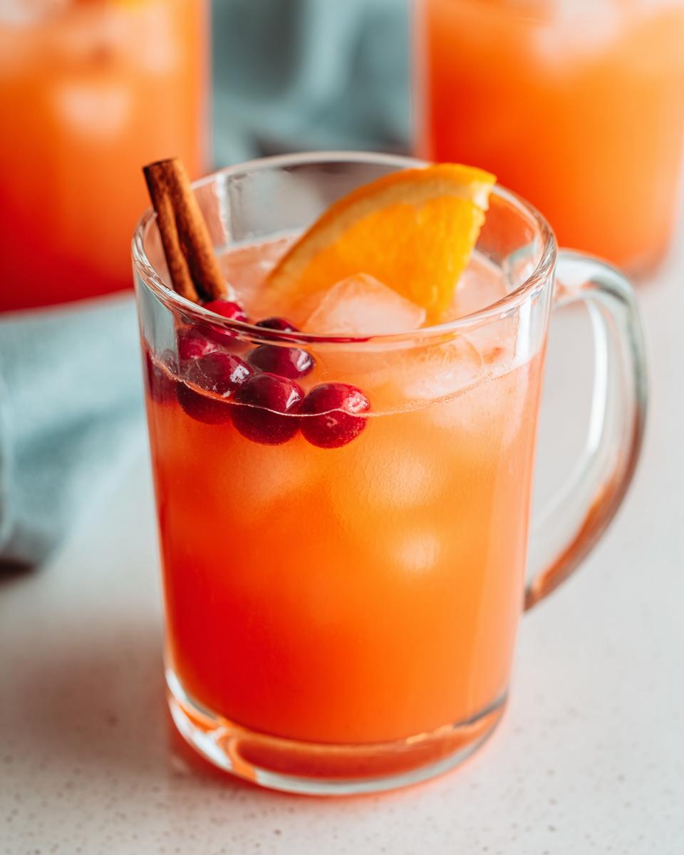 Close-up of a refreshing One-Pan Thanksgiving Drink in a glass mug, garnished with orange slice, cranberries, and cinnamon stick.