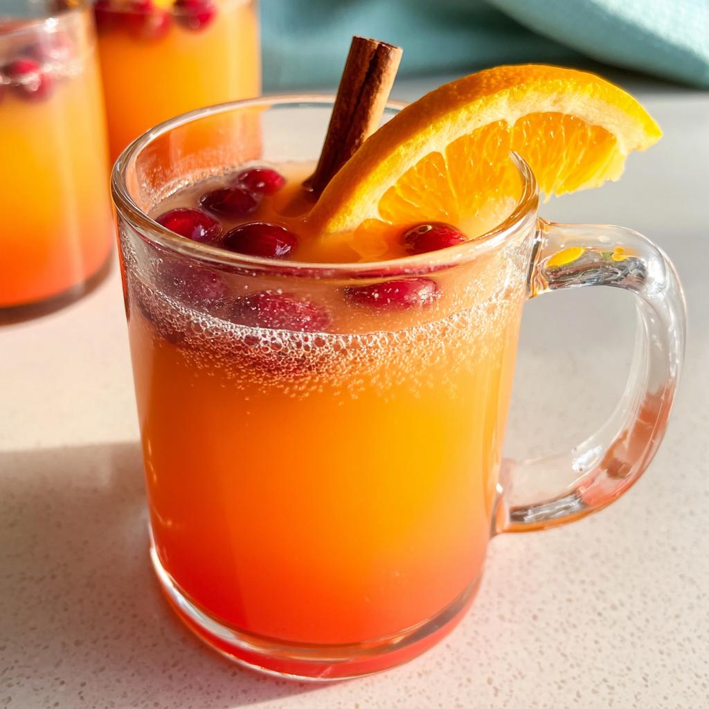 A close-up of a festive one-pan Thanksgiving drink in a glass mug, garnished with cranberries, an orange slice, and a cinnamon stick.