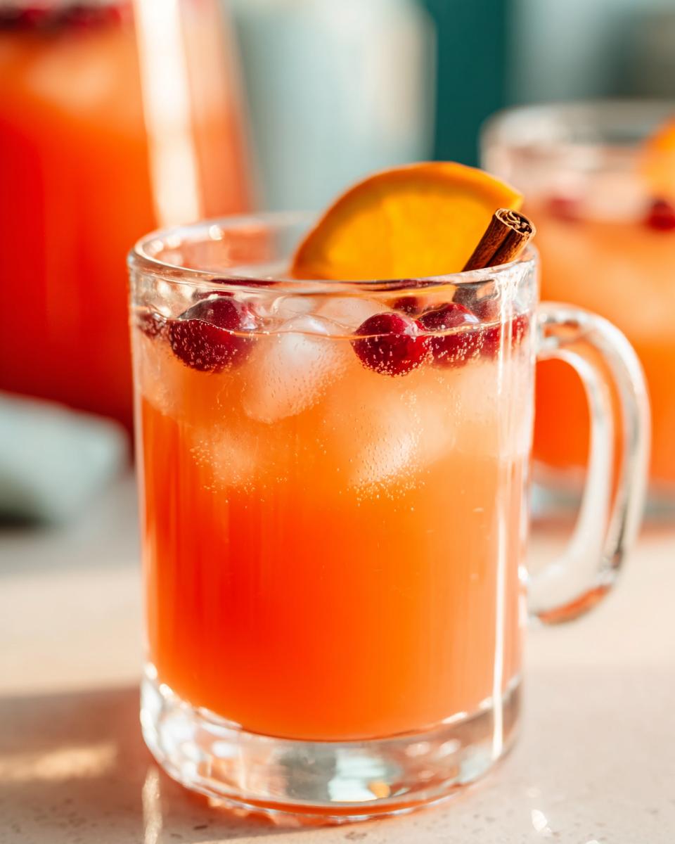 A close-up of a refreshing one-pan Thanksgiving drink in a glass mug, garnished with orange slice, cinnamon stick, and cranberries.