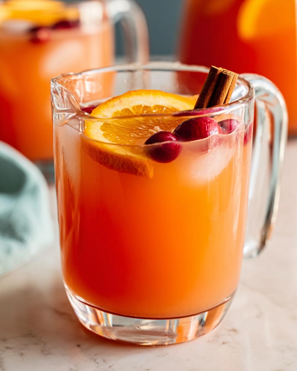 Close-up of a pitcher of one-pan Thanksgiving drinks, garnished with orange slices, cranberries, and a cinnamon stick.