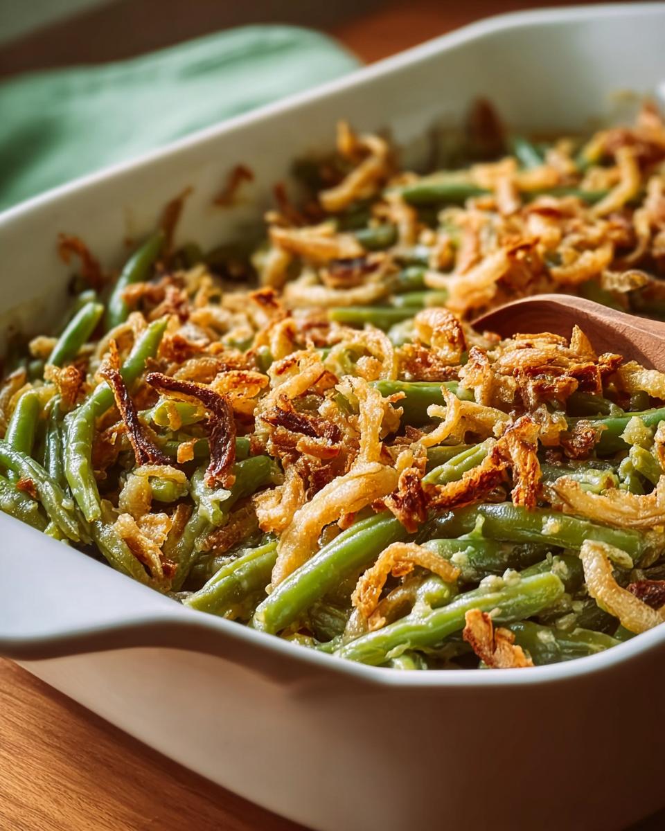 Close-up of a white baking dish filled with creamy One-Pan Thanksgiving Green Beans topped with crispy fried onions.
