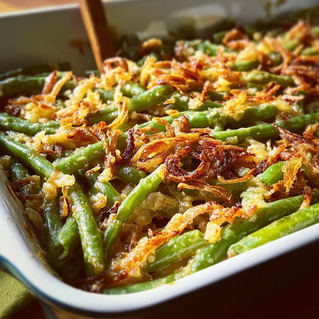 Close-up of a white baking dish filled with vibrant green beans topped with crispy fried onions, a classic One-Pan Thanksgiving Green Beans dish.