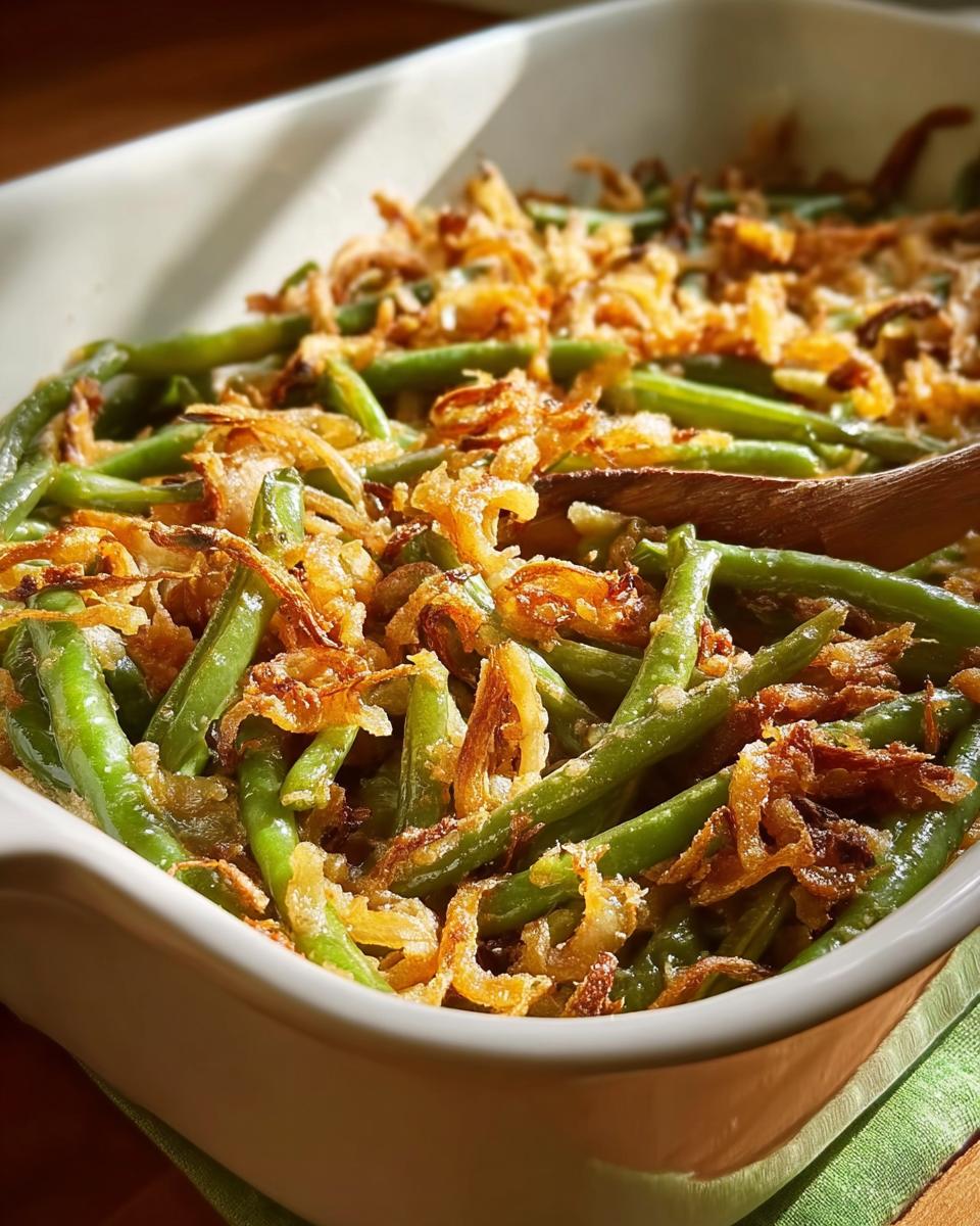 Close-up of a white baking dish filled with One-Pan Thanksgiving Green Beans topped with crispy fried onions.