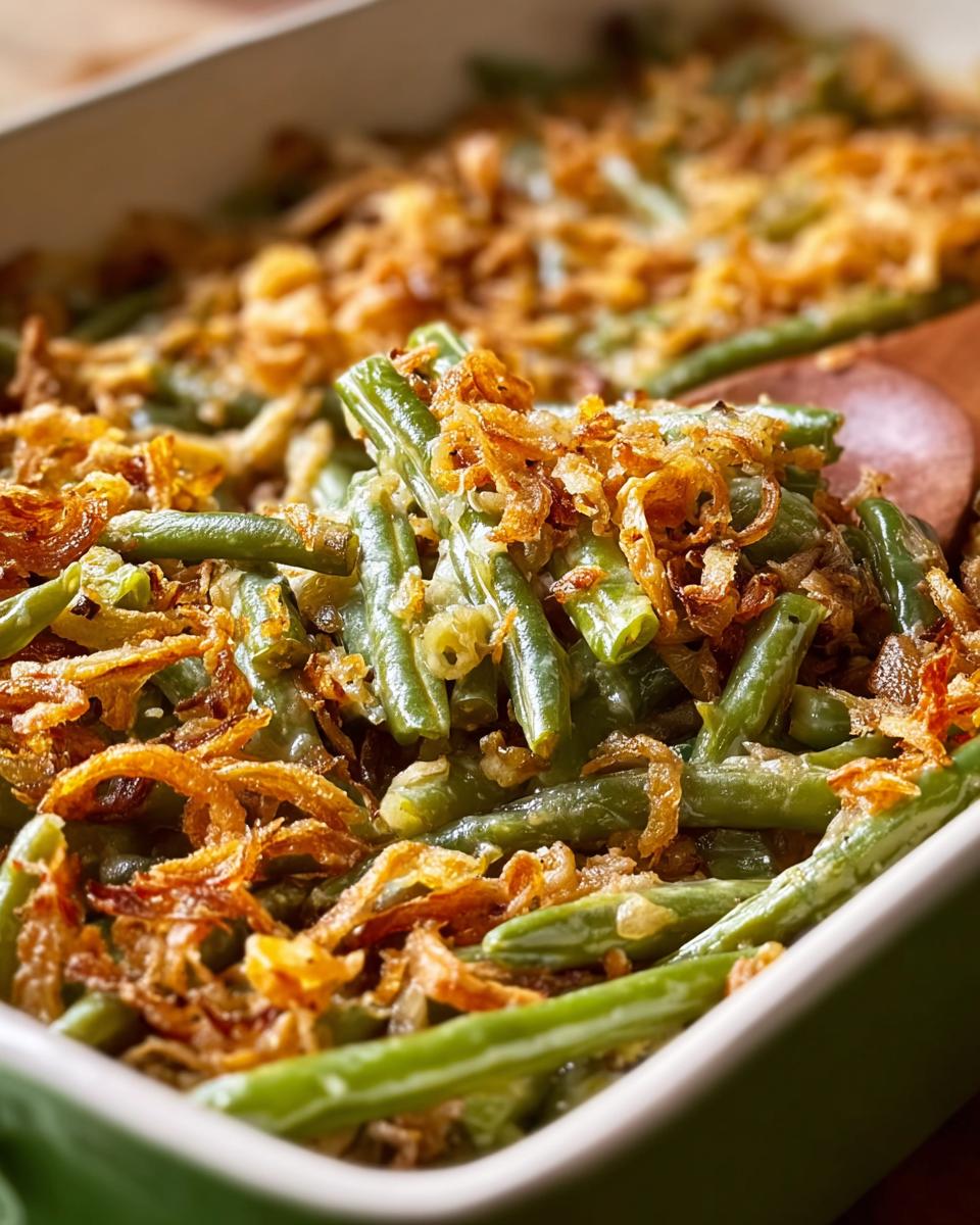 Close-up of One-Pan Thanksgiving Green Beans topped with crispy fried onions in a green baking dish.