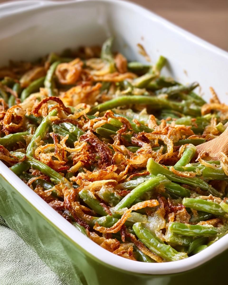 Close-up of a baking dish filled with One-Pan Thanksgiving Green Beans topped with crispy fried onions.