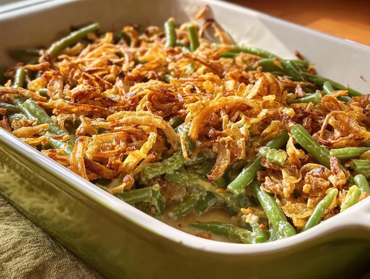 Close-up of a baking dish filled with creamy One-Pan Thanksgiving Green Beans topped with crispy fried onions.