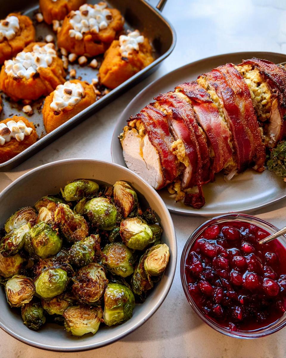 A festive spread of one-pan Thanksgiving salad ingredients including roasted turkey, Brussels sprouts, sweet potato halves with marshmallows, and cranberry sauce.