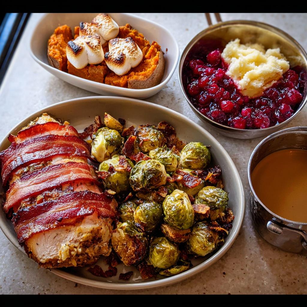 A festive one-pan Thanksgiving meal featuring turkey wrapped in bacon, roasted Brussels sprouts, cranberry sauce, mashed sweet potatoes with marshmallows, and gravy.