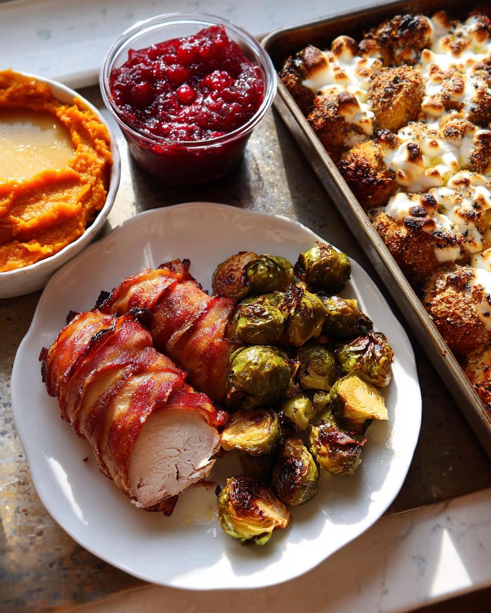 A festive one-pan Thanksgiving meal featuring turkey wrapped in bacon, roasted Brussels sprouts, mashed sweet potatoes, and cranberry sauce.